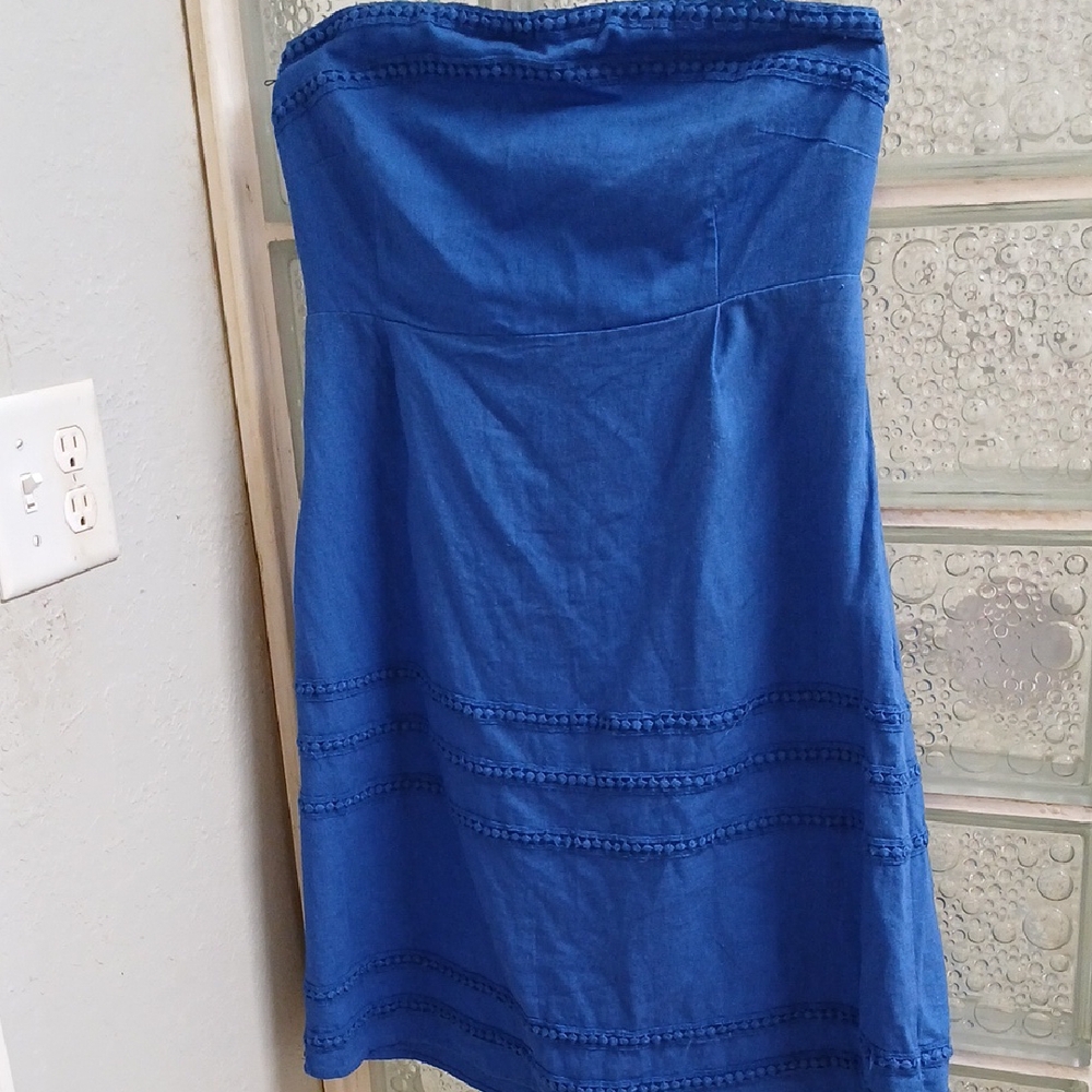Old Navy Blue Strapless Dress Size 16 Embroidered Trim Summer Casual